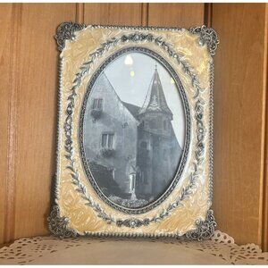 Vintage Ornate Oval Picture Tabletop Ivory Enamel Crystals Frame Floral Details